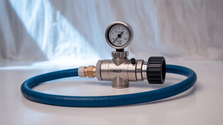 A photograph of a modern, adjustable RV water pressure regulator presented against a seamless white backdrop. The regulator features a brushed stainless steel body with clearly labeled "INLET" and "OUTLET" ports, alongside a prominent pressure gauge displaying "0-100 PSI" and a textured black adjustment knob. A flexible blue water hose is securely connected to the inlet port, demonstrating its functionality and integrating into the overall composition. Soft, diffused studio lighting gently illuminates the regulator, casting subtle shadows that emphasize its sleek design and professional presentation.