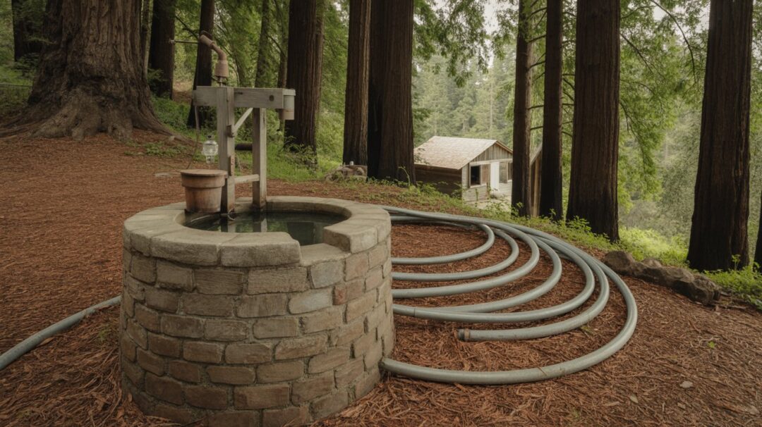 wind power for water pumping A photograph of a rustic, off-grid water system nestled amongst towering redwood trees. A hand-built stone well, with a wooden crank and bucket, stands prominently in the foreground, its weathered surface suggesting years of use. A series of galvanized pipes snake upwards towards a small wooden water tower, collecting rainwater for a nearby cabin barely visible through the trees. Soft, dappled sunlight filters through the canopy, creating a tranquil and self-sufficient atmosphere.