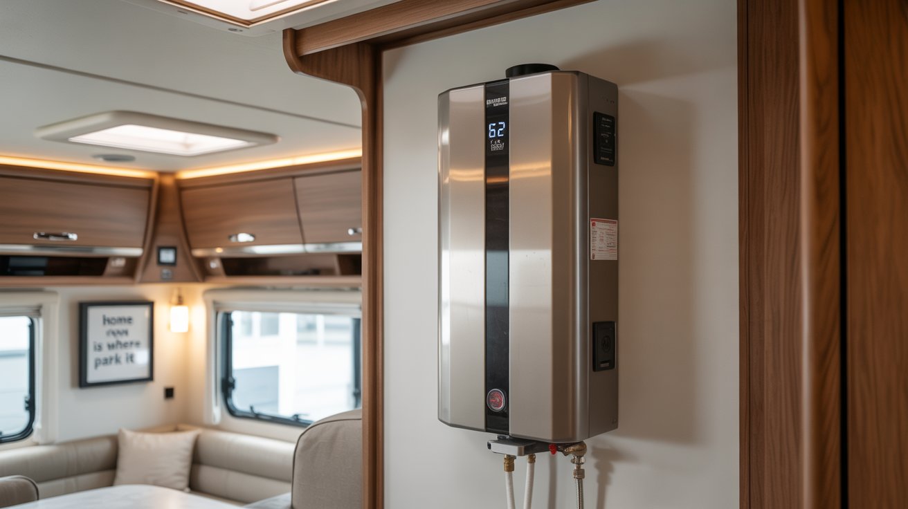 A photograph of a sleek, stainless steel tankless water heater mounted on a light grey wall inside a modern recreational vehicle. The water heater features digital display reading "62" and a clean, minimalist design. The surrounding RV interior is visible, showcasing polished wood cabinetry and neutral-toned upholstery, highlighting a small framed picture reading "Home is where you park it". Soft, diffused lighting from an overhead fixture illuminates the scene, creating a clean and inviting atmosphere.