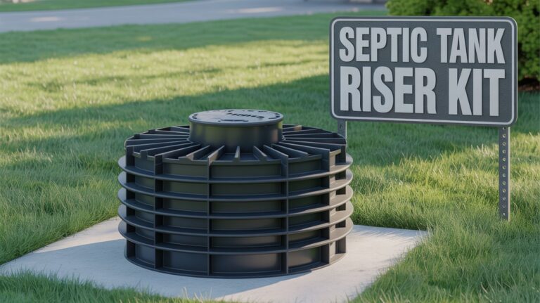 A photograph of a sturdy septic tank riser kit, showcasing its durable black plastic construction and interlocking design. The kit's components are neatly arranged on a concrete slab against a backdrop of lush green grass and a well-maintained lawn. "Septic Tank Riser Kit" is prominently displayed in bold white lettering on a weather-resistant sign positioned in the upper right corner of the frame. Soft, diffused sunlight illuminates the scene, highlighting the kit's practicality and ease of installation.