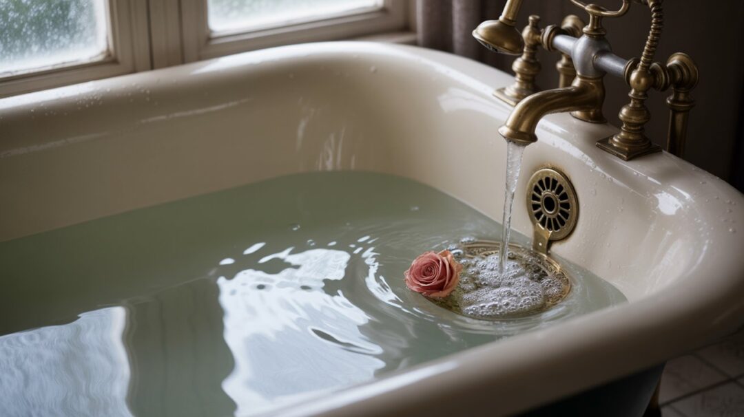 A photograph of a vintage claw-foot bathtub slowly draining, with water swirling down the ornate brass drain. The porcelain tub is a creamy white color and partially filled with lukewarm water reflecting the soft light from a nearby window, with bubbles clinging to the wet surface. A single, withered red rose floats gently near the drain, adding a touch of melancholy to the scene. Soft, diffused light streams in from a frosted window, creating a calming and peaceful atmosphere.