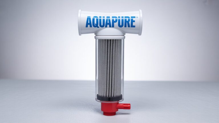 A photograph of an inline sediment water filter presented vertically against a seamless white background. The filter features a transparent cylindrical housing showcasing a tightly coiled stainless-steel mesh screen inside, all connected to a white PVC T-shaped top displaying a crisp blue logo that reads "AquaPure" in bold lettering. At the bottom of the filter, a sturdy red-handled flush valve provides easy access for debris removal, emphasizing the product’s functionality. Soft, diffused lighting highlights the filter's components, creating subtle reflections on the PVC and steel surfaces.