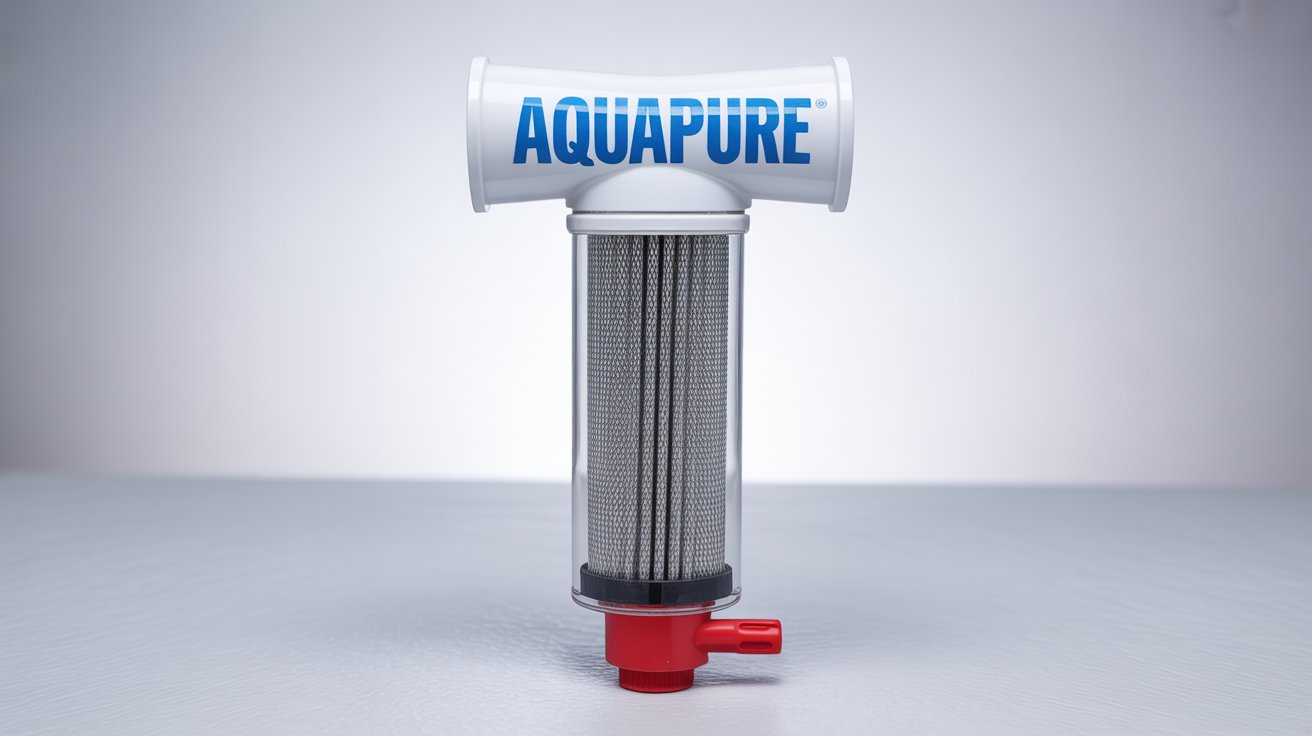 A photograph of an inline sediment water filter presented vertically against a seamless white background. The filter features a transparent cylindrical housing showcasing a tightly coiled stainless-steel mesh screen inside, all connected to a white PVC T-shaped top displaying a crisp blue logo that reads "AquaPure" in bold lettering. At the bottom of the filter, a sturdy red-handled flush valve provides easy access for debris removal, emphasizing the product’s functionality. Soft, diffused lighting highlights the filter's components, creating subtle reflections on the PVC and steel surfaces.