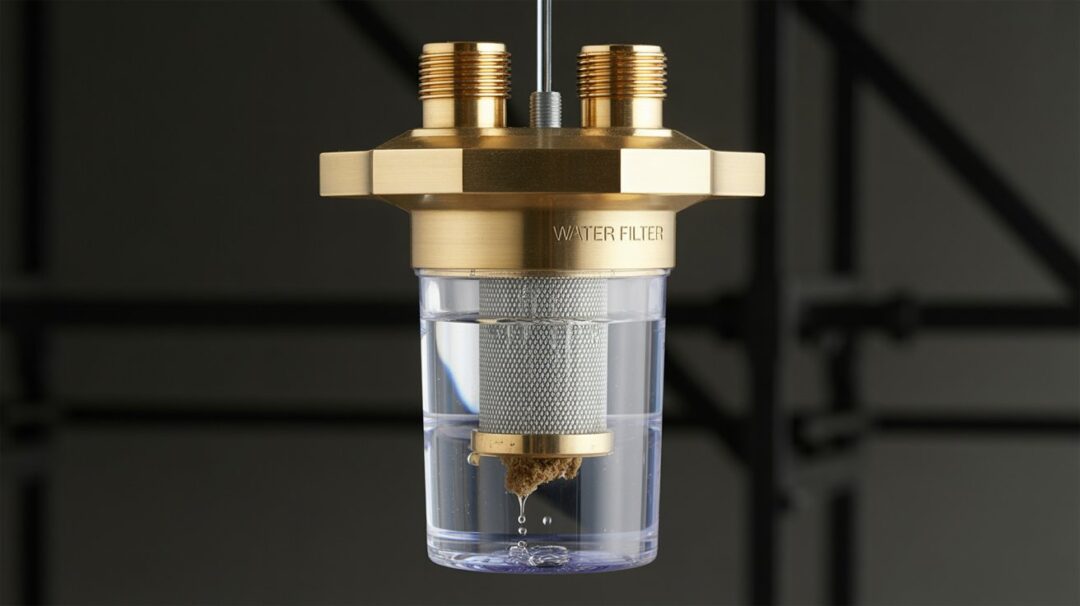 A photograph showcases a brass and transparent water filter housing against a dark, industrial background. The filter has a T-shaped brass top with two prominent threaded connections, and its cylindrical body reveals a silver mesh filter partially clogged with sediment. A small droplet of water clings to the transparent plastic, reflecting the soft overhead lighting, highlighting "WATER FILTER" etched subtly on the side. The clean, minimalist composition emphasizes the functional design of the device.