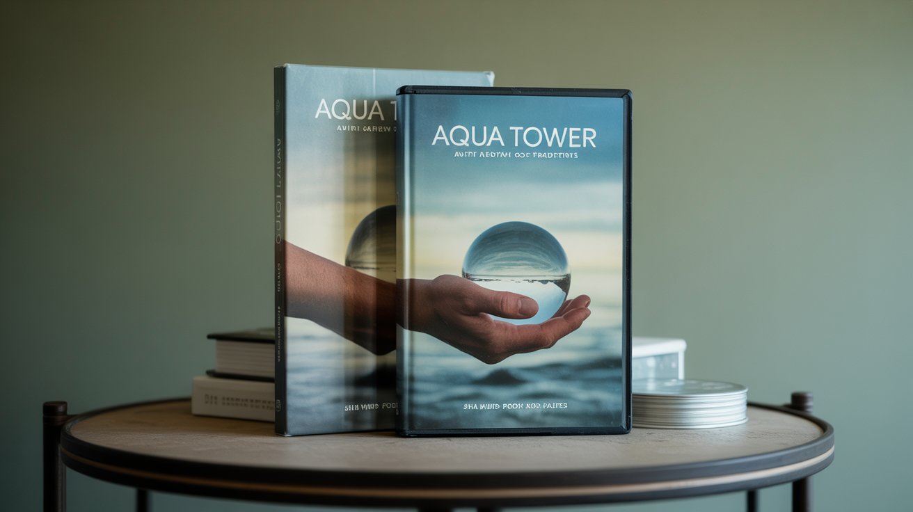 A photograph showcases a meticulously arranged survival preparedness product bundle centered on a table with a dark wood grain. The bundle includes a book, DVD case, and disc, all bearing the title "Aqua Tower" in a clean, modern font. The cover art of the DVD case depicts a realistic human hand gently holding a softly glowing, translucent orb of water against a muted sky-blue backdrop, conveying a sense of serenity and hope. Soft, diffused lighting illuminates the entire scene, casting subtle shadows and emphasizing the clean lines and eco-conscious theme of the products.