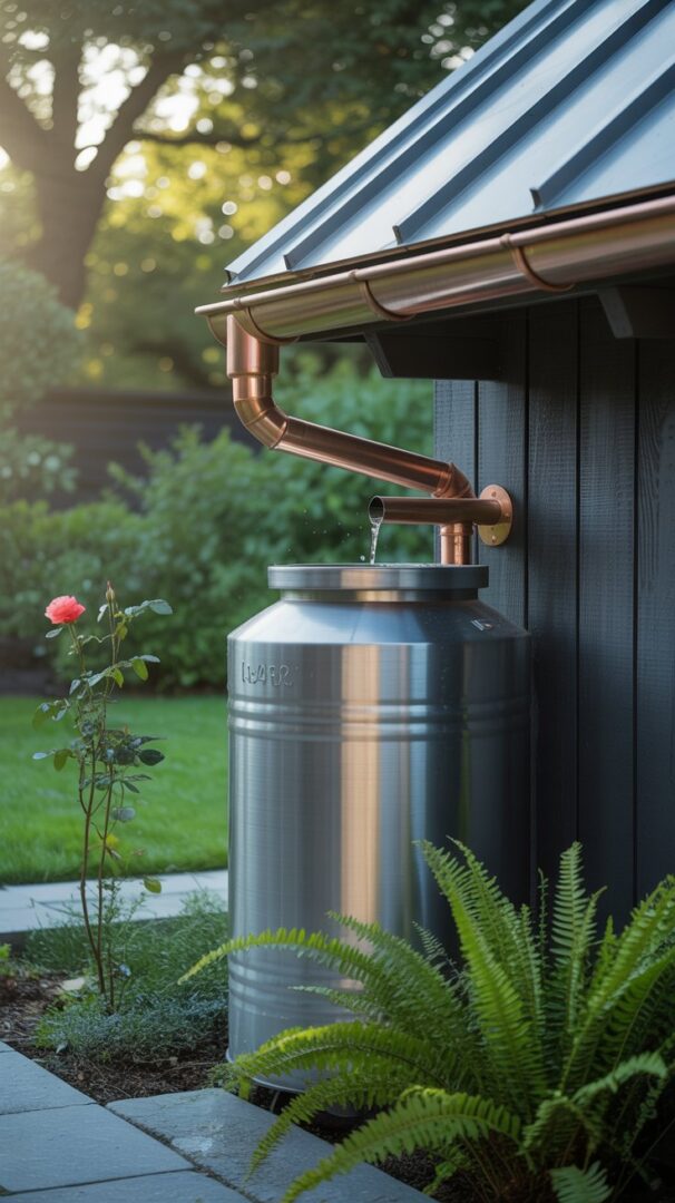 A lush, verdant garden with a seamless integration of a modern rainwater harvesting system. In the foreground, a sleek, cylindrical rain barrel collects precipitation from the adjacent slanted roof, its metallic surface gleaming under warm, diffused sunlight. Stepping back, a series of interconnected downspouts and gutters direct the water flow, creating a harmonious visual rhythm. The background showcases a well-maintained lawn and thriving, diverse flora, hinting at the rejuvenating effects of the harvested rainwater. The scene exudes a sense of environmental consciousness and a balanced, sustainable approach to water management. A photograph showcases a modern rainwater harvesting system seamlessly integrated into a lush garden setting. The focal point is a brushed silver rain barrel, its cylindrical form reflecting the soft glow of the afternoon sun, positioned beneath a gently sloping dark gray roof. A copper gutter system gracefully guides rainwater into the barrel, highlighted by a vibrant patch of emerald green ferns and a single crimson rose bush nearby. The scene is bathed in warm, diffused light, creating a tranquil atmosphere that emphasizes the beauty of sustainable design and environmental harmony.
