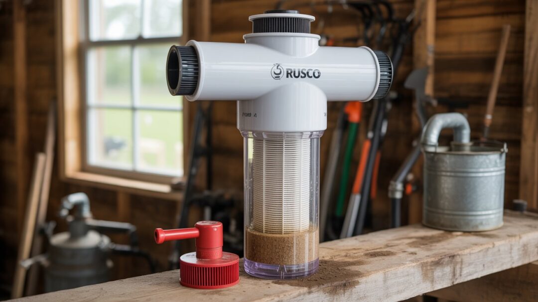 This image shows a Rusco spin-down sediment water filter, a type of pre-filtration device used in residential or agricultural water systems.

Key features include:

A white T-shaped PVC top housing with the Rusco logo and threaded ports for inline plumbing.

A clear cylindrical chamber containing a spun filter screen that captures sand, silt, and other sediments from water.

A bottom flush valve with a red handle, used to purge collected debris without needing to disassemble the filter.

This filter is especially useful for well water systems or irrigation setups, offering a reusable and easy-to-maintain solution for sediment removal.