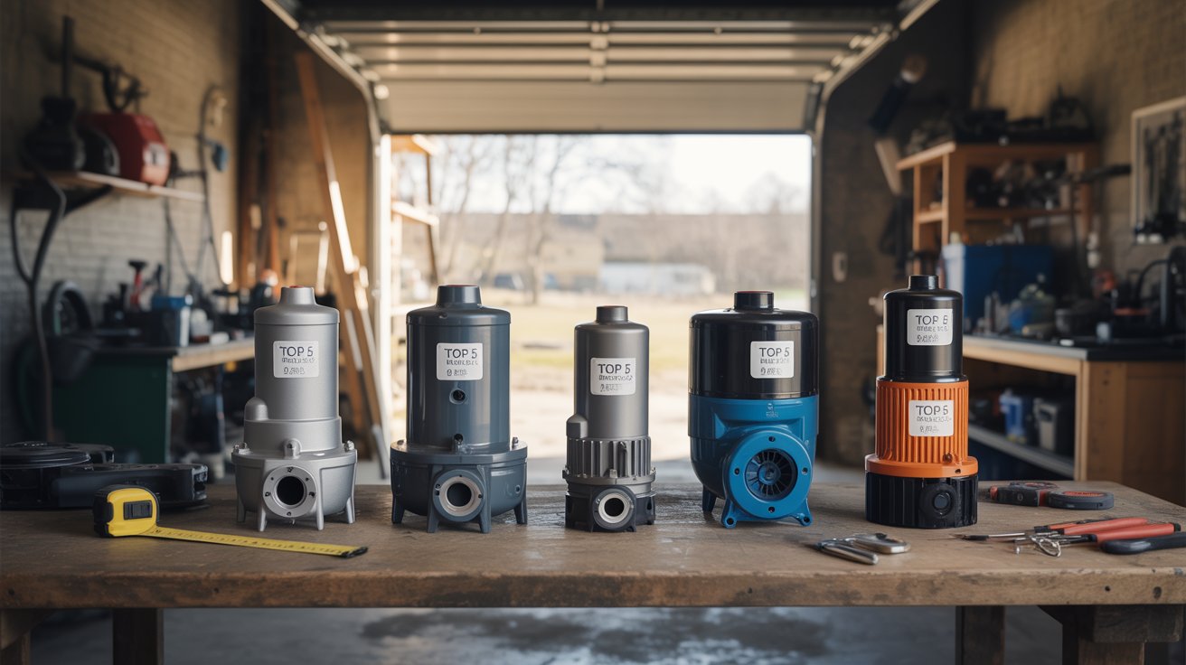 A photograph showcases five different submersible water pumps neatly arranged on a workbench in a well-lit garage. Each pump is a distinct model, with varying sizes, colors (ranging from gray to blue to orange), and visible components like impellers and housings; a small, waterproof label on each pump reads "Top 5". The workbench is made of weathered wood, with scattered tools and a measuring tape, while a bright, diffused light streams in from a nearby open garage door. The background is intentionally blurred, focusing attention on the pumps and creating a sense of organized comparison.