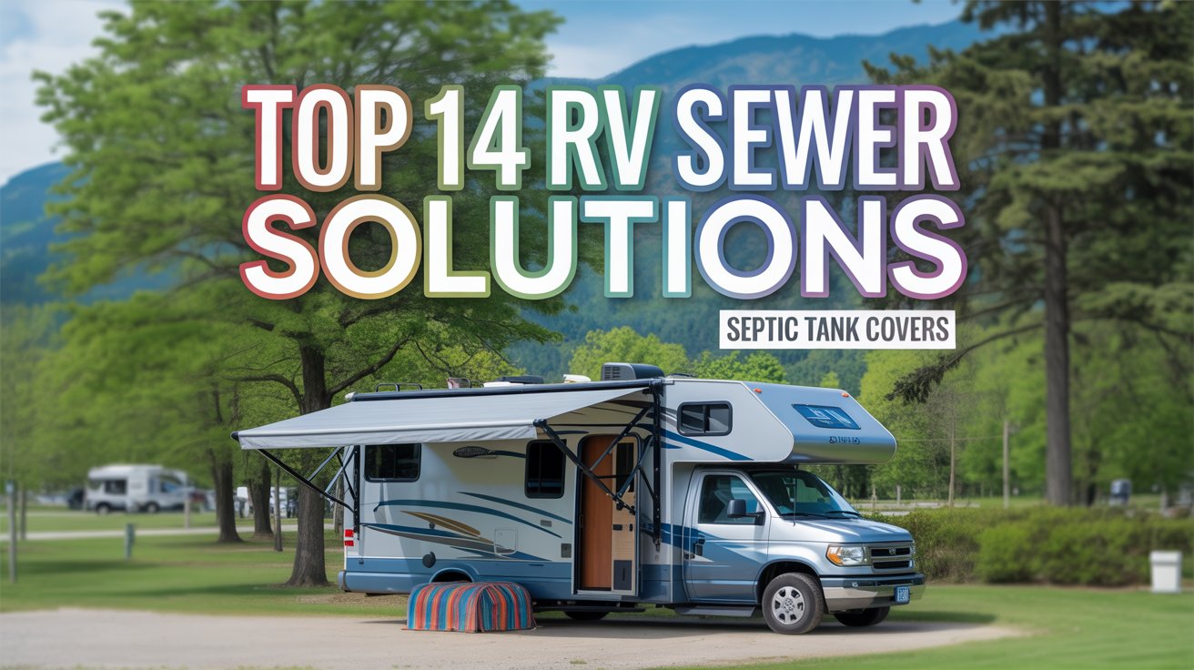 A stylish Pinterest pin for an article titled "Top 14 RV Sewer Solutions" showcasing a pristine, modern RV parked in a scenic campground. The RV is silver and blue with an extended awning, and a close-up view reveals a neatly installed, colorful septic tank cover discreetly tucked beneath the vehicle. Lush green trees and a clear blue sky create a bright, inviting backdrop, while the title "Top 14 RV Sewer Solutions" is displayed in bold, rainbow-colored lettering above the RV. A smaller, secondary text reads “Septic Tank Covers” in a clean, sans-serif font to the side of the title, all set against a slightly blurred background to emphasize the article’s focus.