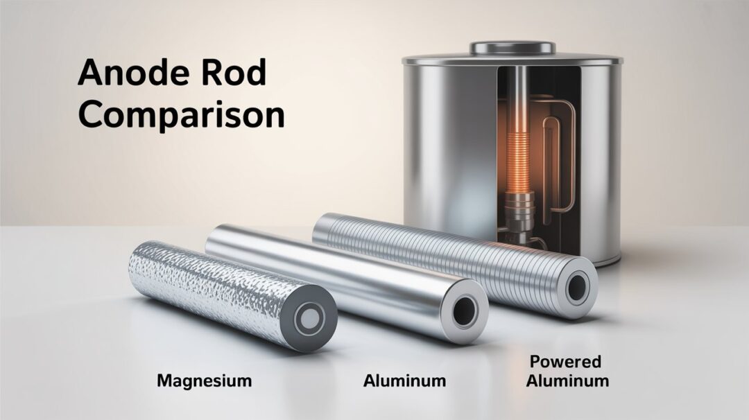 A side-by-side comparison of various anode rod types for water heaters, showcased in a clean, technical illustration. In the foreground, three distinct anode rods - magnesium, aluminum, and powered aluminum - are displayed at an angle, their material compositions and shapes clearly visible. The middle ground features a water heater tank, allowing the rods to be contextualized within their typical application. The background is a minimalist, muted color scheme, maintaining focus on the subject matter. Soft, directional lighting accentuates the metallic textures and highlights the key differences between the anode rod types. The overall mood is one of informed, technical clarity, suitable for guiding a reader's understanding of the optimal anode rod choice for their water heater. A technical illustration showcasing a side-by-side comparison of three anode rods for water heaters: magnesium, aluminum, and powered aluminum, labeled clearly. The three rods are arranged on a light gray surface, each exhibiting distinct textures – the magnesium rod with a slightly pitted surface, the aluminum rod with a smooth silver sheen, and the powered aluminum rod with subtle grid detailing. Behind the rods sits a simplified representation of a stainless steel water heater tank, with a cutaway view revealing its internal components and demonstrating rod placement. Soft, diffused studio lighting illuminates the scene, emphasizing the rods' materials and casting subtle shadows for depth against a clean white background with the text "ANODE ROD COMPARISON" displayed in a sans-serif font at the top.