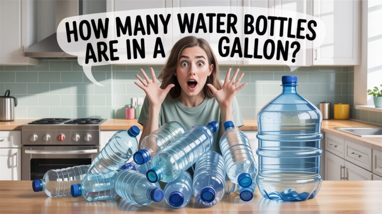 A Pinterest image about "How Many Water Bottles Are in a Gallon?" that features a young woman with a shocked expression and bulging eyeballs, surrounded by a pile of water bottles and a large gallon jug. The background includes clean, bright kitchen or fitness-themed elements to make the scene relatable and fun. Use crisp colors like aqua blue, white, and light green to appeal to a young, curious audience. The layout should be vertical, engaging, and optimized for mobile scrolling. The Pinterest image includes the words "How Many Water Bottles Are in a Gallon?" in a bold, stylish font.