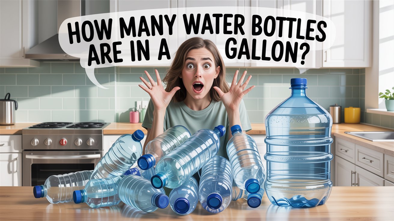 A Pinterest image about "How Many Water Bottles Are in a Gallon?" that features a young woman with a shocked expression and bulging eyeballs, surrounded by a pile of water bottles and a large gallon jug. The background includes clean, bright kitchen or fitness-themed elements to make the scene relatable and fun. Use crisp colors like aqua blue, white, and light green to appeal to a young, curious audience. The layout should be vertical, engaging, and optimized for mobile scrolling. The Pinterest image includes the words "How Many Water Bottles Are in a Gallon?" in a bold, stylish font.