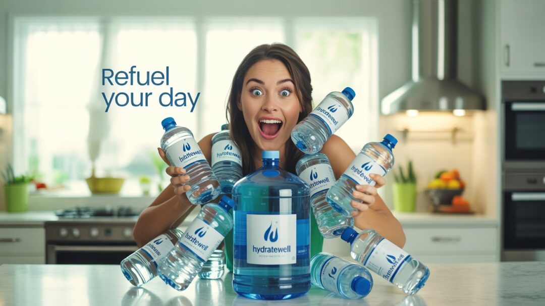 a woman with a table filled with water bottles
