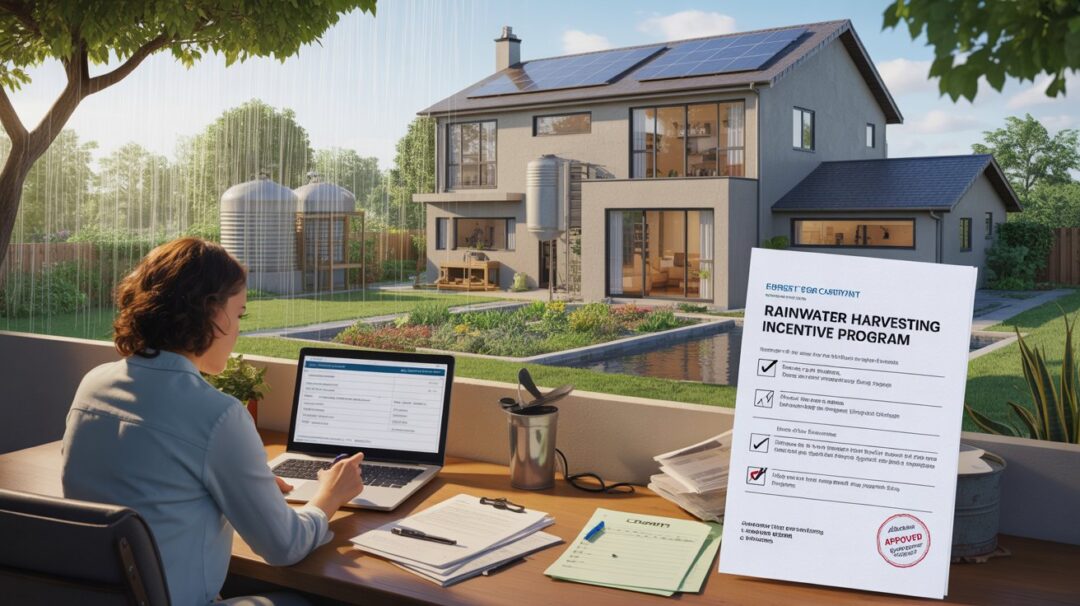 An informative illustration depicting rainwater harvesting grants and incentive programs for an educational brochure. A modern, two-story suburban home features prominently, showcasing a well-integrated rainwater harvesting system including visible rain barrels, rooftop gutters, and a large, cylindrical storage tank in the backyard. In the foreground, a person sits at a warmly lit desk reviewing paperwork—a laptop displaying a grant application form, alongside a checklist, invoices, and a stamped "Approved" form reading "Rainwater Harvesting Incentive Program", all neatly organized, creating an impression of diligent effort. The background presents a bright, sunny sky after rainfall, with lush greenery, solar panels on the roof, and a small, thriving vegetable garden, emphasizing eco-friendly design elements and a sense of sustainable living.