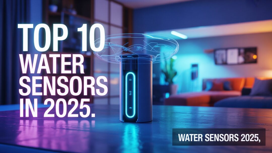 Create a dynamic product shot YouTube thumbnail for "Top 10 Water Sensors in 2025." The image showcases a sleek, futuristic water sensor prototype glowing with a vibrant teal light against a blurred background of a modern smart home, with stylized data visualizations subtly overlaid. Bold, neon-style text in the upper left corner reads "TOP 10" while a smaller caption in the bottom right corner states "WATER SENSORS 2025," all against a dark, gradient background shifting from deep blue to purple. The overall aesthetic is energetic and tech-forward, utilizing a clean, minimalist design with vibrant colors and a sense of futuristic innovation to immediately appeal to a young, tech-savvy audience.