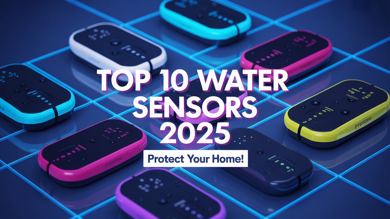 Write a prompt to generate a youtube thumbnail about: {Top 10 Water Sensors in 2025}. Make the prompt less than 100 words. The details and colors of the image should appeal to a young audience.