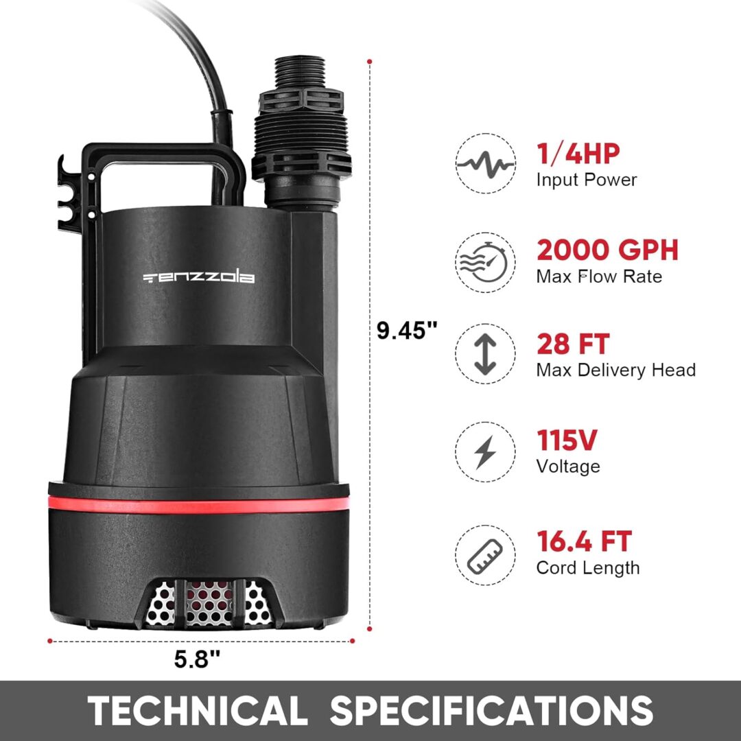 Sump Pump, 1/4 HP 2000GPH Submersible Utility Water Pump, Thermoplastic Portable Electric Water Removal Transfer Pump with 16.4FT Cord for Swimming Pool Basement Garden Pond Tubs Draining