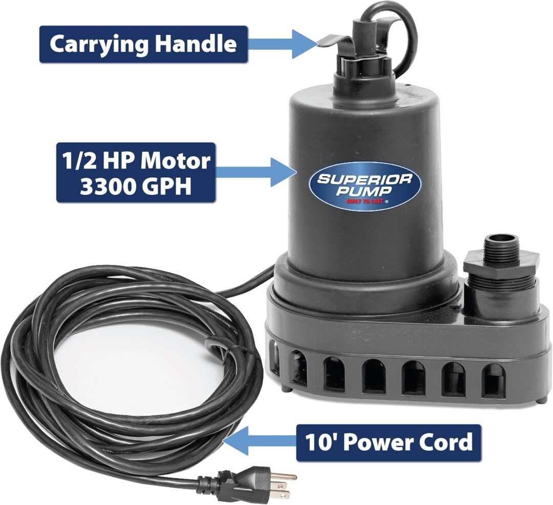 Superior Pump 91250 1800GPH Thermoplastic Submersible Utility Pump with 10-Foot Cord, 1/4 HP