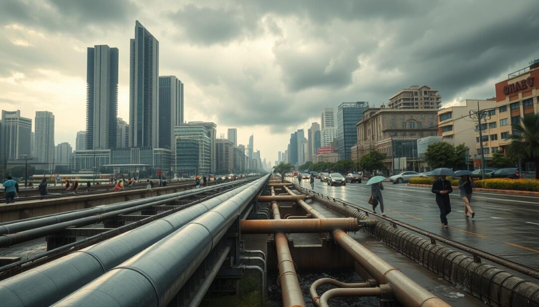 A bustling urban landscape on a rainy day, with towering skyscrapers and infrastructure designed to manage the flow of water. In the foreground, a network of pipes, drainage systems, and retention basins guide stormwater runoff. In the middle ground, pedestrians navigate through flooded streets, umbrellas in hand, as they go about their daily lives. In the background, dark clouds loom, hinting at the increasing frequency and intensity of extreme weather events driven by climate change. The scene is lit by a soft, muted light, creating a sense of tension and the need for innovative solutions to address the challenges of urban water management. A bustling urban landscape on a rainy day, with towering skyscrapers and infrastructure designed to manage the flow of water. In the foreground, a network of pipes, drainage systems, and retention basins guide stormwater runoff. In the middle ground, pedestrians navigate through flooded streets, umbrellas in hand, as they go about their daily lives. In the background, dark clouds loom, hinting at the increasing frequency and intensity of extreme weather events driven by climate change. The scene is lit by a soft, muted light, creating a sense of tension and the need for innovative solutions to address the challenges of urban water management.