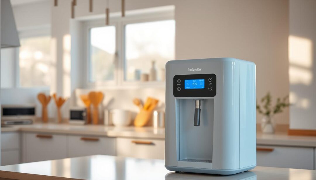 A clean, well-lit kitchen interior with a modern water purification system in the foreground. The purifier sits atop a sleek kitchen counter, its LED display and control panel clearly visible. Sunlight streams in through large windows, casting a warm, natural glow on the scene. In the middle ground, various kitchen appliances and utensils suggest a functional, organized space. The background features minimalist cabinetry and walls, creating a sense of balance and serenity. The overall mood is one of health, wellness, and efficiency, reflecting the role of the water purifier in maintaining a safe, high-quality water supply for the household. A clean, well-lit kitchen interior with a modern water purification system in the foreground. The purifier sits atop a sleek kitchen counter, its LED display and control panel clearly visible. Sunlight streams in through large windows, casting a warm, natural glow on the scene. In the middle ground, various kitchen appliances and utensils suggest a functional, organized space. The background features minimalist cabinetry and walls, creating a sense of balance and serenity. The overall mood is one of health, wellness, and efficiency, reflecting the role of the water purifier in maintaining a safe, high-quality water supply for the household.