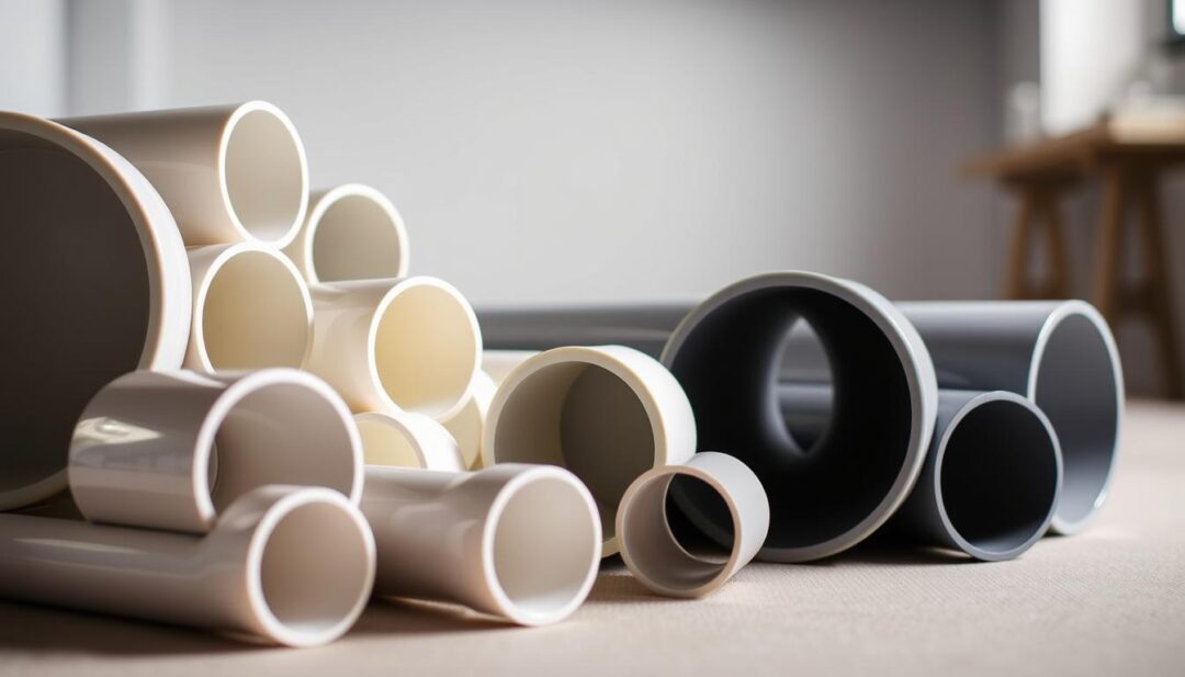 A close-up display of various PVC pipe types and sizes suitable for gutter drainage systems. The foreground showcases a range of PVC pipes in different diameters, including 2-inch, 3-inch, and 4-inch options, arranged neatly on a neutral-toned surface. The middle ground features a clean, well-lit studio setup with soft, diffused lighting to highlight the textures and details of the pipes. The background is blurred, maintaining focus on the showcase of PVC pipe types. The overall mood is informative and technical, emphasizing the utility and versatility of these plumbing components for effective gutter drainage. A close-up display of various PVC pipe types and sizes suitable for gutter drainage systems. The foreground showcases a range of PVC pipes in different diameters, including 2-inch, 3-inch, and 4-inch options, arranged neatly on a neutral-toned surface. The middle ground features a clean, well-lit studio setup with soft, diffused lighting to highlight the textures and details of the pipes. The background is blurred, maintaining focus on the showcase of PVC pipe types. The overall mood is informative and technical, emphasizing the utility and versatility of these plumbing components for effective gutter drainage.