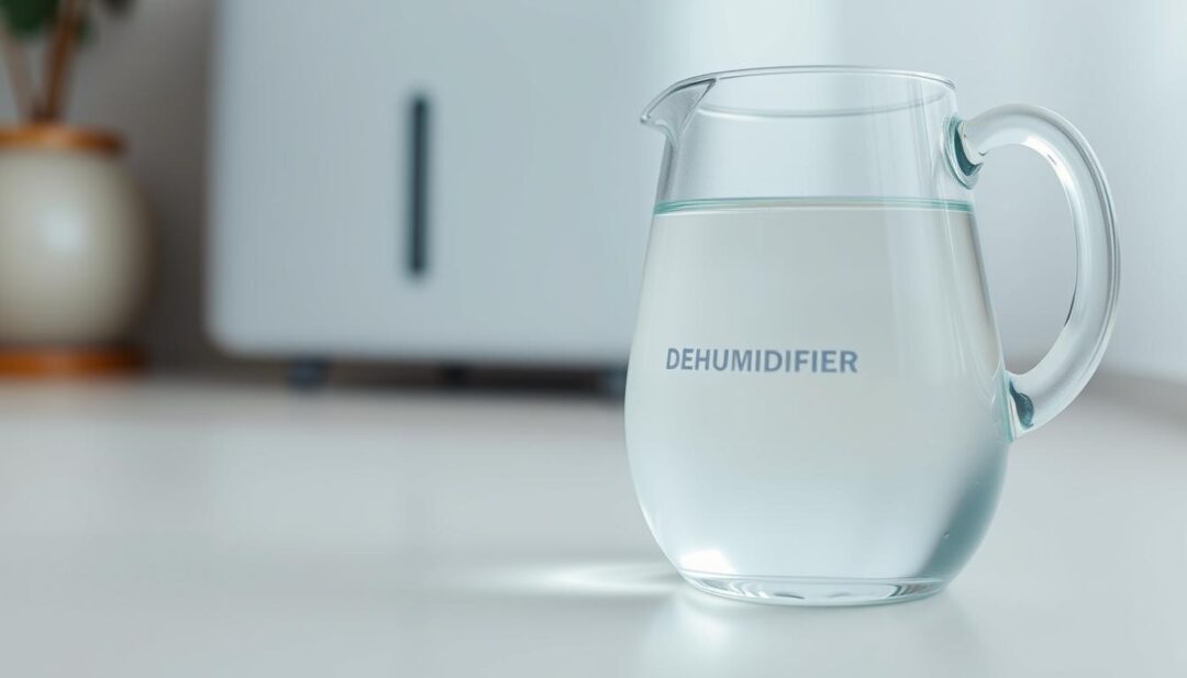 A close-up view of a clear glass pitcher filled with purified dehumidifier water, resting on a neutral-colored surface. The water appears crystal clear and pristine, reflecting the soft, diffused lighting illuminating the scene. In the background, a modern, minimalist dehumidifier unit can be seen, its sleek design and muted tones complementing the overall aesthetic. The composition emphasizes the purity and transparency of the water, conveying the idea of it being suitable for safe consumption, while the dehumidifier in the background suggests the source of this filtered liquid. The image is captured with a shallow depth of field, keeping the water and pitcher in sharp focus while softening the background elements.