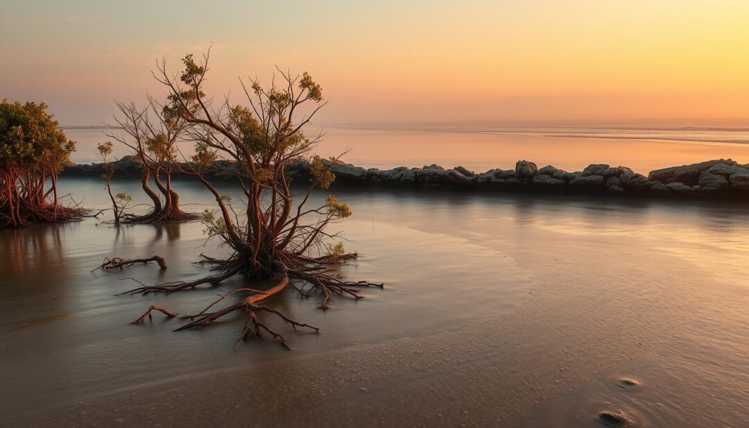 A coastal landscape at dusk, bathed in a warm, golden glow. In the foreground, a shallow estuary where freshwater and seawater mix, creating a hazy, brackish zone. Mangrove trees stand sentinel, their twisted roots submerged in the encroaching saltwater. In the middle ground, a crumbling seawall barely holds back the advancing tide, its cracks and crevices filled with salty brine. Beyond, the horizon is obscured by a misty, opaque haze, hinting at the intrusion of the sea into the once-freshwater marshes. The scene evokes a sense of fragility and the gradual, inexorable transformation of the coastal environment due to climate change-driven sea level rise and saltwater intrusion. A coastal landscape at dusk, bathed in a warm, golden glow. In the foreground, a shallow estuary where freshwater and seawater mix, creating a hazy, brackish zone. Mangrove trees stand sentinel, their twisted roots submerged in the encroaching saltwater. In the middle ground, a crumbling seawall barely holds back the advancing tide, its cracks and crevices filled with salty brine. Beyond, the horizon is obscured by a misty, opaque haze, hinting at the intrusion of the sea into the once-freshwater marshes. The scene evokes a sense of fragility and the gradual, inexorable transformation of the coastal environment due to climate change-driven sea level rise and saltwater intrusion.
