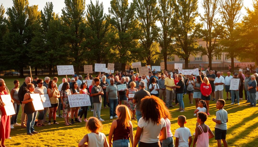 A community gathering in a public park, with residents of all ages standing united, holding signs and banners advocating for environmental justice. The scene is bathed in warm, golden afternoon light, casting long shadows across the grass. In the foreground, a diverse group of people, their faces determined and resolute, are engaged in lively discussion. In the middle ground, a group of children play nearby, underscoring the intergenerational nature of the movement. In the background, a row of tall trees frames the scene, suggesting a sense of community and shelter. The overall atmosphere conveys a powerful blend of civic engagement, community spirit, and a shared commitment to addressing environmental concerns. A community gathering in a public park, with residents of all ages standing united, holding signs and banners advocating for environmental justice. The scene is bathed in warm, golden afternoon light, casting long shadows across the grass. In the foreground, a diverse group of people, their faces determined and resolute, are engaged in lively discussion. In the middle ground, a group of children play nearby, underscoring the intergenerational nature of the movement. In the background, a row of tall trees frames the scene, suggesting a sense of community and shelter. The overall atmosphere conveys a powerful blend of civic engagement, community spirit, and a shared commitment to addressing environmental concerns.