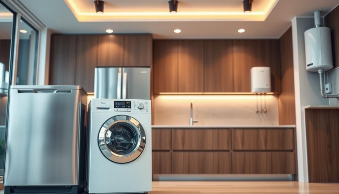 A modern kitchen interior with a focus on water-efficient appliances. In the foreground, a sleek stainless steel dishwasher and energy-efficient washing machine stand side by side. In the middle ground, a glass-fronted refrigerator with a built-in water dispenser and ice maker. In the background, a low-flow faucet on a minimalist sink, and a tankless water heater mounted on the wall. Warm, diffused lighting from overhead fixtures casts a soft glow, highlighting the clean, contemporary design. The overall scene conveys a sense of efficiency, sustainability, and environmental responsibility. A modern kitchen interior with a focus on water-efficient appliances. In the foreground, a sleek stainless steel dishwasher and energy-efficient washing machine stand side by side. In the middle ground, a glass-fronted refrigerator with a built-in water dispenser and ice maker. In the background, a low-flow faucet on a minimalist sink, and a tankless water heater mounted on the wall. Warm, diffused lighting from overhead fixtures casts a soft glow, highlighting the clean, contemporary design. The overall scene conveys a sense of efficiency, sustainability, and environmental responsibility.