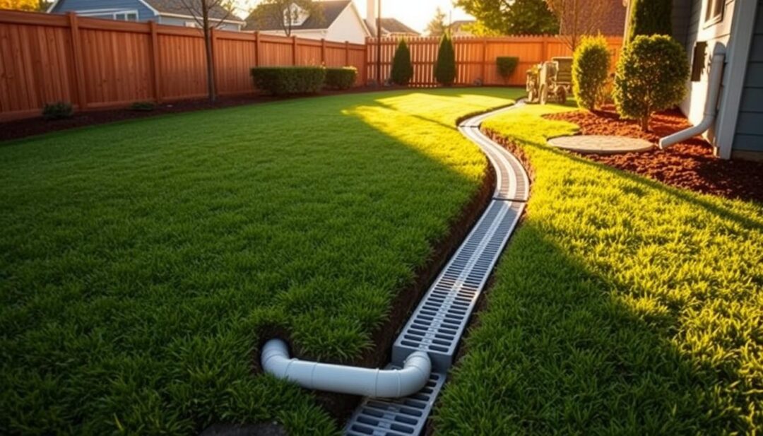 A neatly manicured backyard with a traditional French drain system running along the perimeter. In the foreground, a downspout from the home's gutter system seamlessly connects to the drainage channel, guiding water away from the foundation. The scene is bathed in warm, golden afternoon light, casting natural shadows and highlights that accentuate the integration of the two systems. The camera angle is slightly elevated, providing a clear view of the carefully planned drainage solution that blends harmoniously with the landscape. The overall impression is one of a well-designed, functional outdoor space. A neatly manicured backyard with a traditional French drain system running along the perimeter. In the foreground, a downspout from the home's gutter system seamlessly connects to the drainage channel, guiding water away from the foundation. The scene is bathed in warm, golden afternoon light, casting natural shadows and highlights that accentuate the integration of the two systems. The camera angle is slightly elevated, providing a clear view of the carefully planned drainage solution that blends harmoniously with the landscape. The overall impression is one of a well-designed, functional outdoor space.