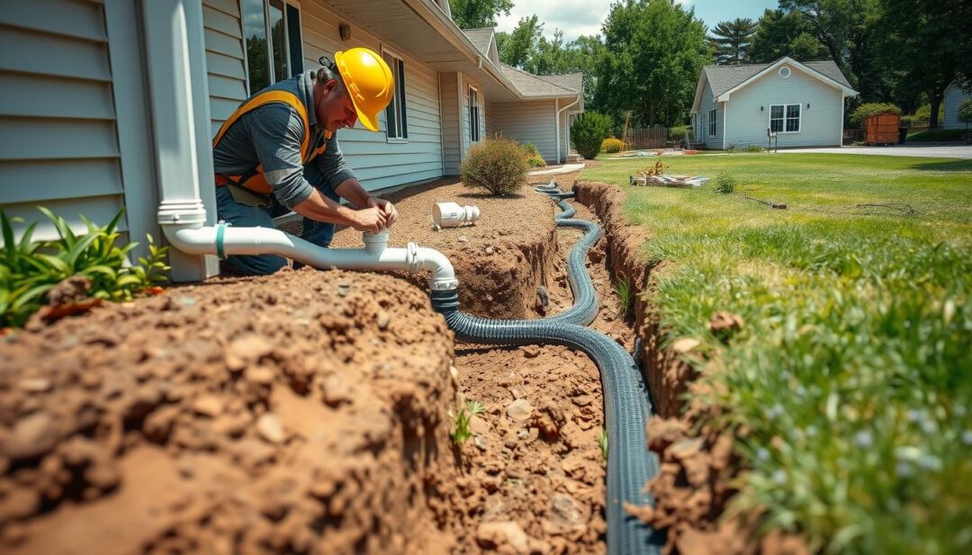 A neatly organized worksite on a sunny day, with a construction worker diligently tying the gutters into a well-designed French drain system. The worker, wearing a hard hat and safety gear, is carefully connecting the downspouts to the drainage pipes, ensuring a seamless integration. In the foreground, the freshly dug trench reveals the intricate network of drainage channels, while in the background, the newly installed gutters stand as a testament to the attention to detail. The scene conveys a sense of problem-solving and careful execution, reflecting the challenges and troubleshooting involved in this task. A neatly organized worksite on a sunny day, with a construction worker diligently tying the gutters into a well-designed French drain system. The worker, wearing a hard hat and safety gear, is carefully connecting the downspouts to the drainage pipes, ensuring a seamless integration. In the foreground, the freshly dug trench reveals the intricate network of drainage channels, while in the background, the newly installed gutters stand as a testament to the attention to detail. The scene conveys a sense of problem-solving and careful execution, reflecting the challenges and troubleshooting involved in this task.