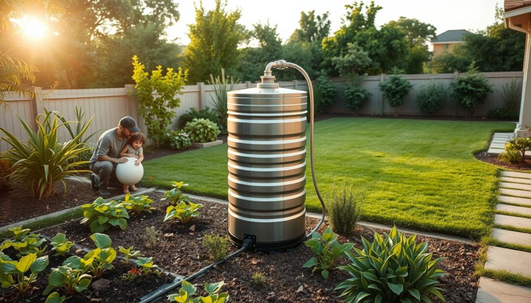 A serene backyard landscape with lush greenery and a small water-efficient garden. In the foreground, a family tending to their vegetable patch, using drip irrigation and mulch to minimize water waste. In the middle ground, a modern rainwater harvesting system collecting runoff from the roof, its sleek metal casing reflecting the warm afternoon sunlight. In the background, a neatly trimmed lawn with strategically placed drought-resistant plants, creating a harmonious, water-conscious outdoor oasis. The scene conveys a sense of environmental responsibility and financial savings through thoughtful water conservation techniques. A serene backyard landscape with lush greenery and a small water-efficient garden. In the foreground, a family tending to their vegetable patch, using drip irrigation and mulch to minimize water waste. In the middle ground, a modern rainwater harvesting system collecting runoff from the roof, its sleek metal casing reflecting the warm afternoon sunlight. In the background, a neatly trimmed lawn with strategically placed drought-resistant plants, creating a harmonious, water-conscious outdoor oasis. The scene conveys a sense of environmental responsibility and financial savings through thoughtful water conservation techniques.