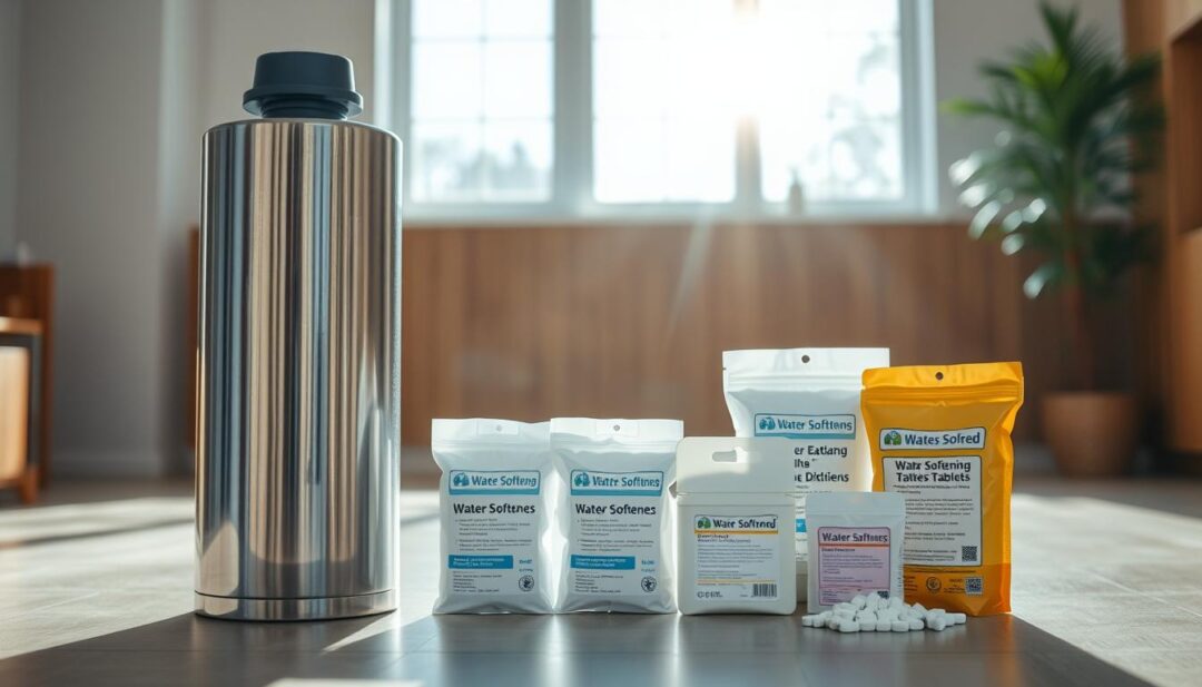 A serene, well-lit interior scene showcasing various water softening solutions. In the foreground, a sleek, modern water softener unit stands prominently, its stainless steel exterior gleaming. In the middle ground, a selection of water softening tablets and granules are neatly arranged, their packaging displaying informative labels. In the background, a window allows natural light to pour in, casting a warm, inviting glow over the scene. The overall atmosphere is one of efficiency, functionality, and attention to detail, reflecting the importance of effective water softening systems. A serene, well-lit interior scene showcasing various water softening solutions. In the foreground, a sleek, modern water softener unit stands prominently, its stainless steel exterior gleaming. In the middle ground, a selection of water softening tablets and granules are neatly arranged, their packaging displaying informative labels. In the background, a window allows natural light to pour in, casting a warm, inviting glow over the scene. The overall atmosphere is one of efficiency, functionality, and attention to detail, reflecting the importance of effective water softening systems.