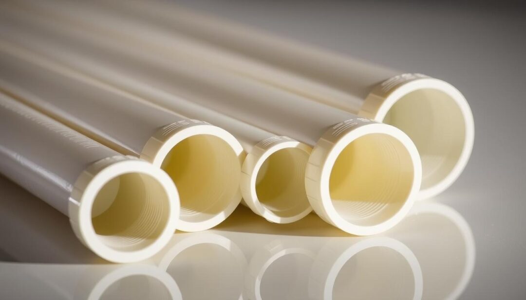A well-lit close-up photograph of a set of PVC pipes of various diameters, laid out on a clean, reflective surface. The pipes are arranged in a diagonal pattern, showing their cross-sections and dimensions. The lighting is soft and directional, casting subtle shadows that highlight the textures and ridges of the pipes. The background is blurred, keeping the focus on the detailed, tactile qualities of the PVC materials. The overall impression is one of technical precision and informative clarity, conveying the information needed to calculate the right PVC pipe size for a gutter drain. A well-lit close-up photograph of a set of PVC pipes of various diameters, laid out on a clean, reflective surface. The pipes are arranged in a diagonal pattern, showing their cross-sections and dimensions. The lighting is soft and directional, casting subtle shadows that highlight the textures and ridges of the pipes. The background is blurred, keeping the focus on the detailed, tactile qualities of the PVC materials. The overall impression is one of technical precision and informative clarity, conveying the information needed to calculate the right PVC pipe size for a gutter drain.