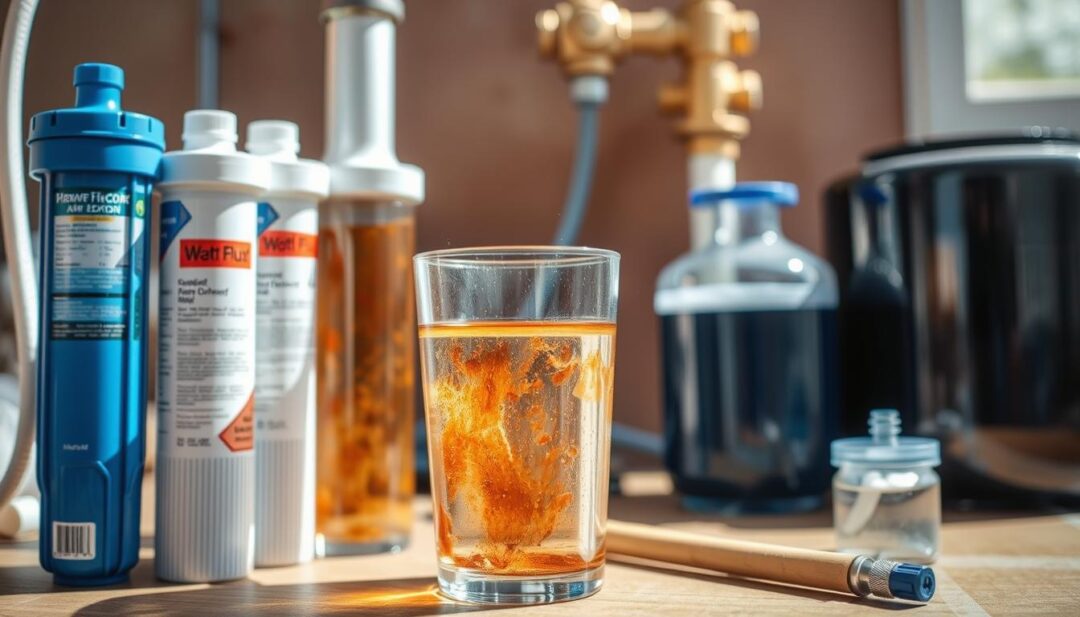 A well-lit, detailed scene showcasing various DIY iron removal solutions. In the foreground, a selection of water filters, chemical treatments, and oxidation devices like air injectors or aeration tanks. The middle ground features a clear glass container filled with rusty, discolored water, demonstrating the problem. In the background, a domestic water system or a well head provides context. The lighting is bright and natural, highlighting the textures and materials of the DIY tools. The overall mood is informative and educational, inviting the viewer to explore these cost-effective solutions for removing iron from well water. A well-lit, detailed scene showcasing various DIY iron removal solutions. In the foreground, a selection of water filters, chemical treatments, and oxidation devices like air injectors or aeration tanks. The middle ground features a clear glass container filled with rusty, discolored water, demonstrating the problem. In the background, a domestic water system or a well head provides context. The lighting is bright and natural, highlighting the textures and materials of the DIY tools. The overall mood is informative and educational, inviting the viewer to explore these cost-effective solutions for removing iron from well water.