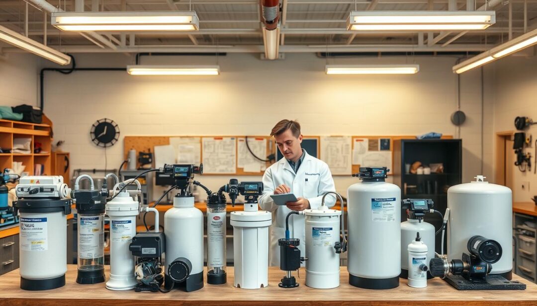 A well-lit, expansive workshop interior showcasing various iron removal systems. In the foreground, a selection of filters, softeners, and other water treatment equipment arranged neatly on a workbench. In the middle ground, a technician in a crisp, white lab coat examines the components, evaluating their features and capabilities. The background reveals a wall of technical diagrams, schematics, and instructional posters, providing a sense of expertise and professionalism. The lighting is warm and inviting, creating a mood of thoughtful consideration and informed decision-making. A well-lit, expansive workshop interior showcasing various iron removal systems. In the foreground, a selection of filters, softeners, and other water treatment equipment arranged neatly on a workbench. In the middle ground, a technician in a crisp, white lab coat examines the components, evaluating their features and capabilities. The background reveals a wall of technical diagrams, schematics, and instructional posters, providing a sense of expertise and professionalism. The lighting is warm and inviting, creating a mood of thoughtful consideration and informed decision-making.