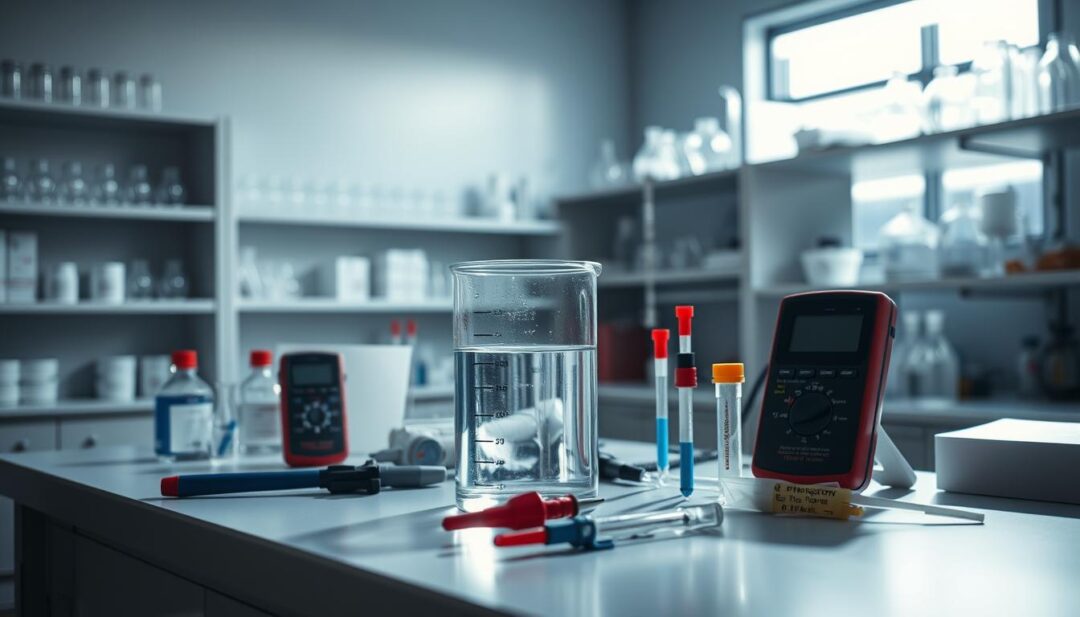 A well-lit laboratory setting with a scientific workbench. On the bench, a clear glass beaker filled with water from a dehumidifier, surrounded by various testing instruments and equipment such as pH meters, conductivity probes, and chemical test kits. A bright task light illuminates the scene, casting sharp shadows. In the background, shelves of scientific glassware and equipment create a sense of a professional, analytical environment. The overall mood is one of thorough, methodical investigation into the quality and safety of the dehumidifier water sample.