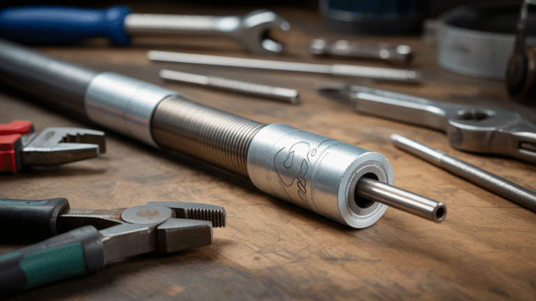 A photograph of a brand new anode rod lying on a workbench. The anode rod is magnesium with a galvanized steel threaded core and is coated in a protective silver finish, reflecting the overhead light. Around the rod are scattered various metalworking tools, including a wrench and pliers, hinting at a plumbing repair project. Soft, diffused light illuminates the scene, highlighting the texture of the rod and tools.