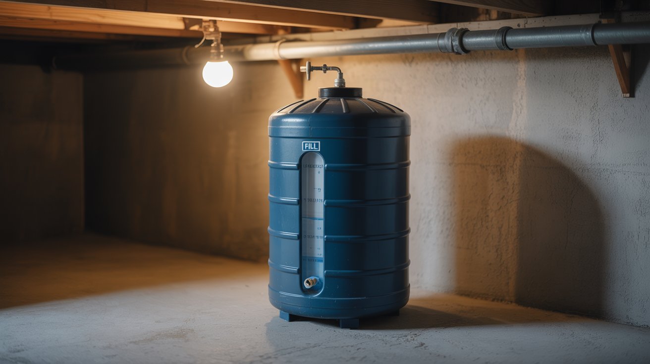 The Secrets Held Within the Brine Tank A photograph of a cylindrical home water softener brine tank sitting on a concrete utility room floor. The tank is made of dark blue plastic, with a clear water level indicator showing a light blue liquid inside, and a small metal valve near the top labeled "FILL". A single, bright work light illuminates the tank from the upper left, casting a soft shadow on the wall behind it, which features a metal utility pipe running horizontally. The background is a blurry view of a typical unfinished basement with exposed joists.