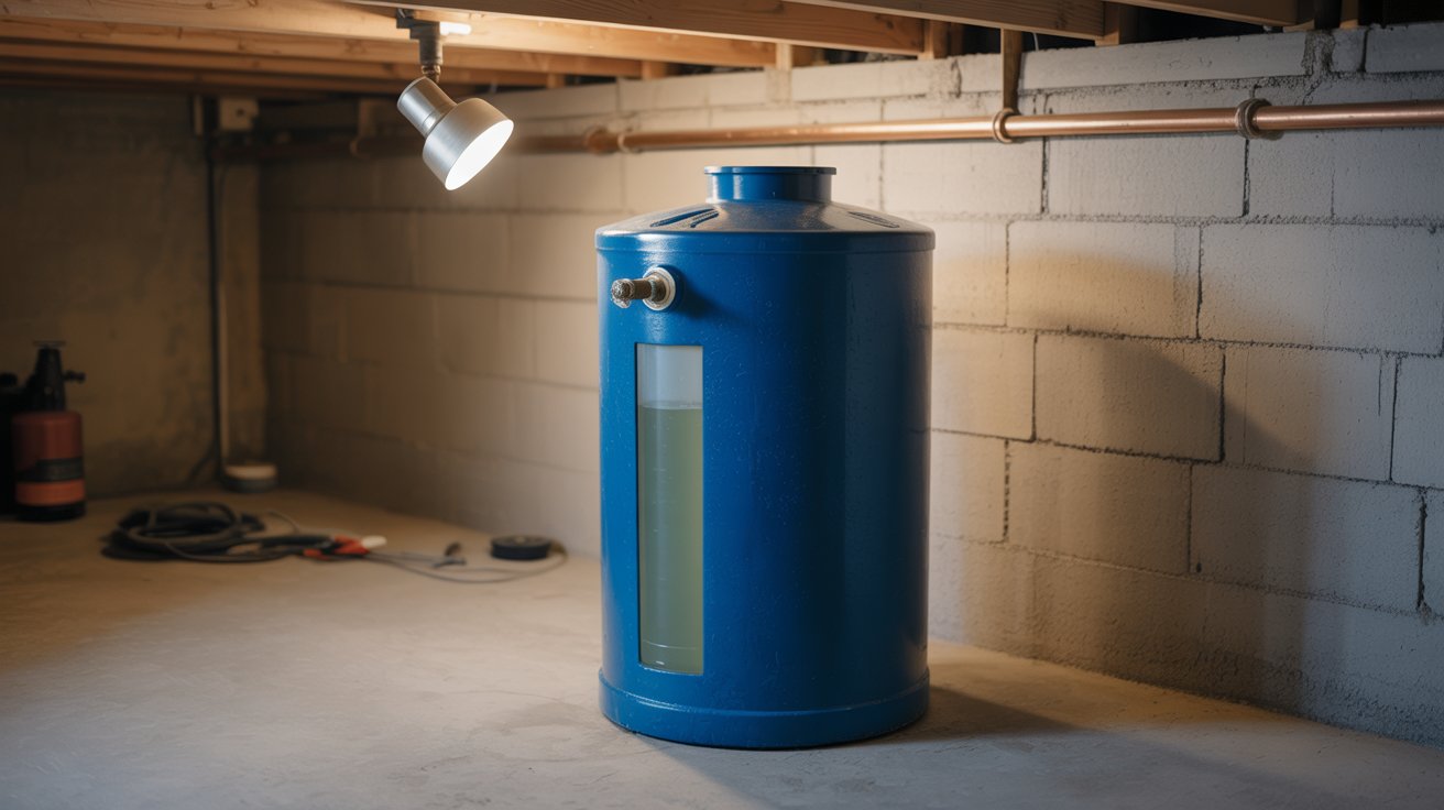 A photograph of a cylindrical water softener brine tank dominating a utilitarian concrete floor in a basement utility room. The tank is constructed from a deep, saturated blue plastic and features a transparent water level indicator revealing a pale aqua liquid within, alongside a small, brushed silver valve near the top. A single, industrial-style work light positioned in the upper left corner casts a gentle glow across the tank’s surface, creating a soft shadow on the exposed cinder block wall behind it where a copper utility pipe runs horizontally. The blurred background shows the typical unfinished basement with exposed wooden joists and a few scattered tools.