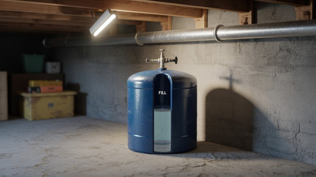 The Secrets Held Within the Brine Tank A photograph of a cylindrical water softener brine tank resting on a worn, gray concrete utility room floor. The tank itself is a deep, slightly translucent dark blue plastic, with a clear water level indicator showing a pale blue brine solution inside, and a small, silver metal valve near the top labeled "FILL" in black lettering. A single, industrial-strength LED work light mounted above illuminates the tank from the left, creating a sharp shadow along the rough concrete wall behind it, where a galvanized steel utility pipe runs horizontally. The background fades into a softly blurred view of a typical unfinished basement, showing exposed wooden joists and loosely organized storage boxes.