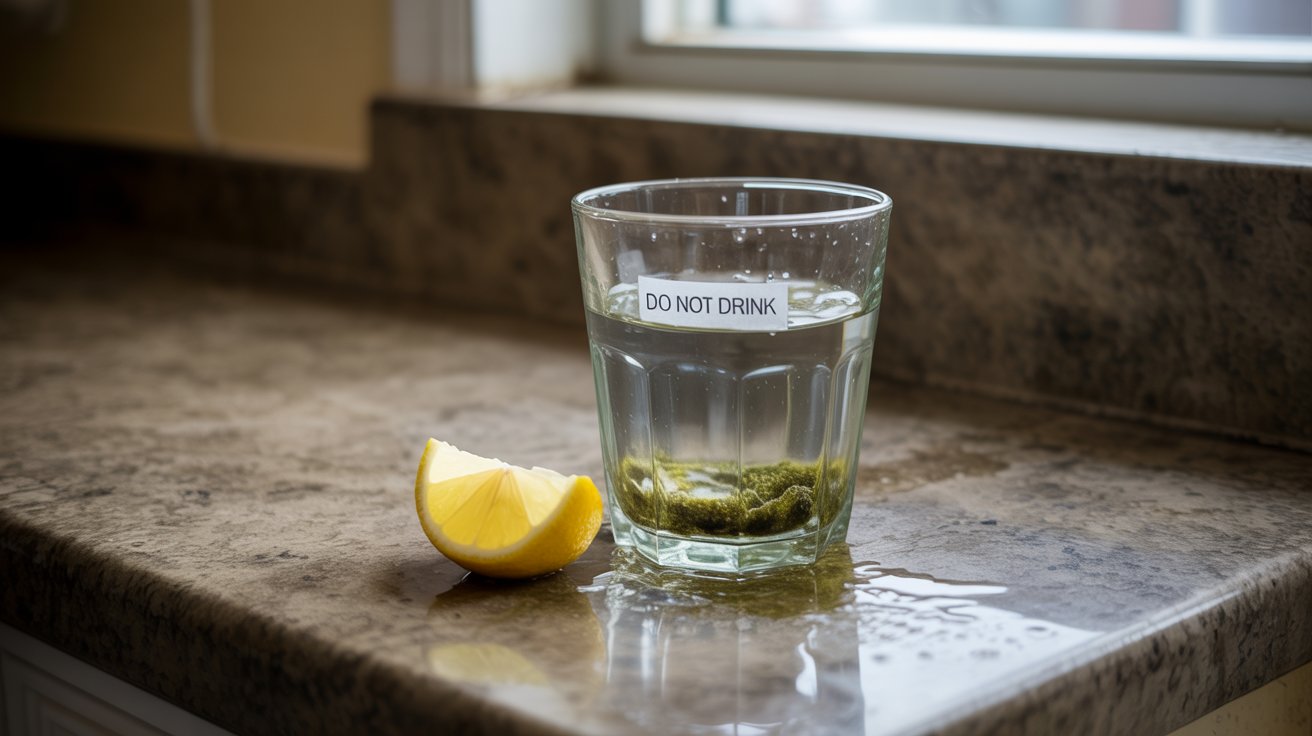A photograph of a glass of murky water sitting on a weathered granite kitchen counter. The glass is partially filled with water exhibiting a sickly greenish-brown hue, with visible sediment swirling near the bottom, and a small label on the glass reads "DO NOT DRINK". A single, forgotten lemon slice rests beside the glass, its peel slightly curled and discolored. Soft, diffused light streams in from a nearby window, casting subtle shadows and highlighting the unsettling clarity of the contaminated water.