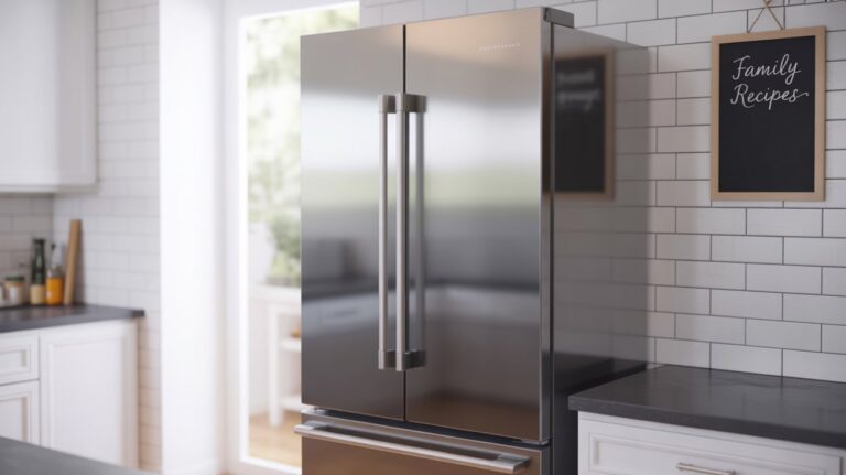 A photograph of a modern stainless steel refrigerator with French doors seamlessly integrated into a bright, contemporary kitchen. The refrigerator features a sleek, fingerprint-resistant finish and recessed handles, positioned against a backdrop of white subway tiles and dark gray countertops. A small chalkboard with "Family Recipes" written in elegant cursive hangs on the wall to the right of the appliance. Soft, diffused lighting from a nearby window illuminates the scene, highlighting the clean lines and minimalist aesthetic.