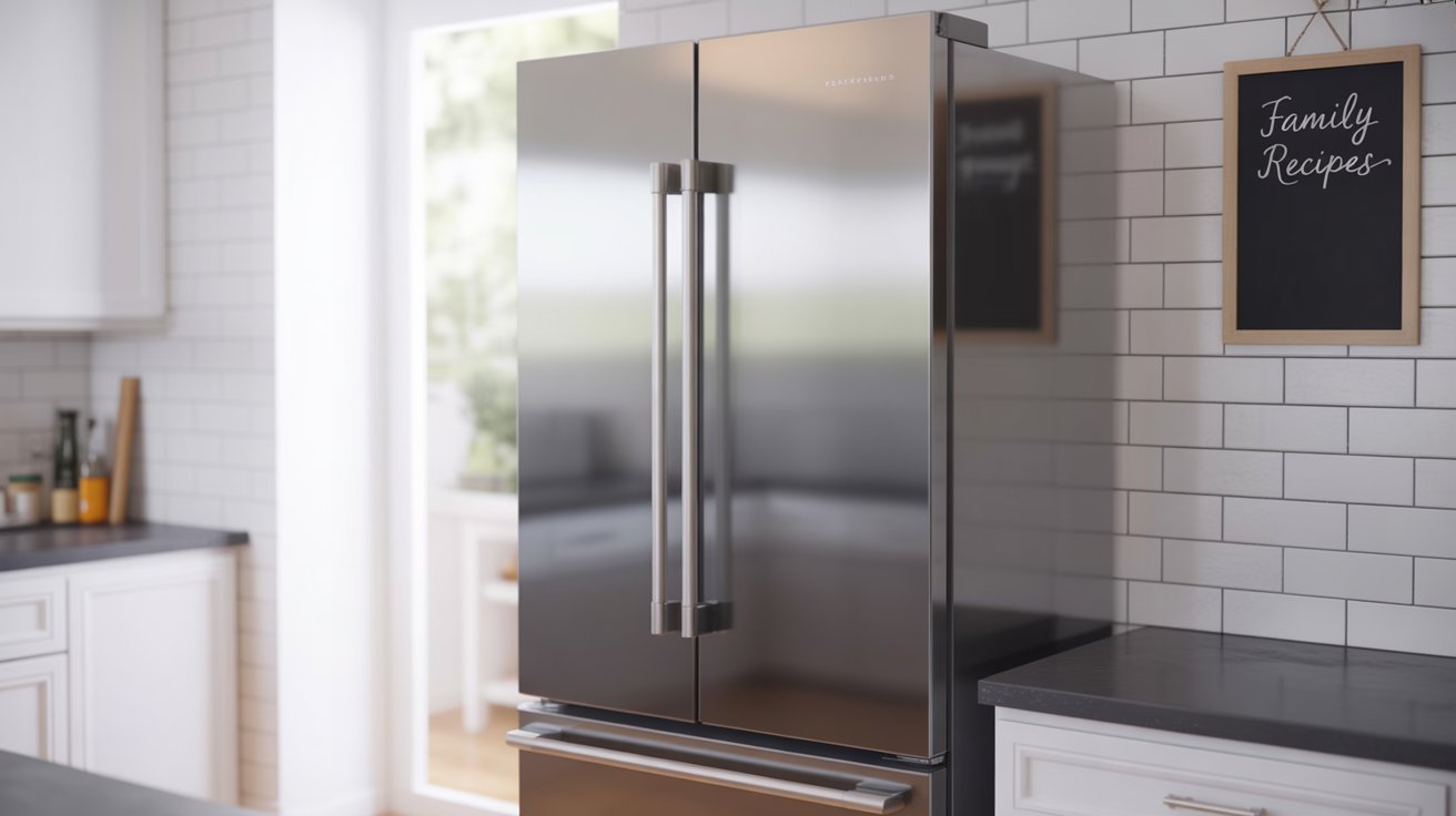 A photograph of a modern stainless steel refrigerator with French doors seamlessly integrated into a bright, contemporary kitchen. The refrigerator features a sleek, fingerprint-resistant finish and recessed handles, positioned against a backdrop of white subway tiles and dark gray countertops. A small chalkboard with "Family Recipes" written in elegant cursive hangs on the wall to the right of the appliance. Soft, diffused lighting from a nearby window illuminates the scene, highlighting the clean lines and minimalist aesthetic.