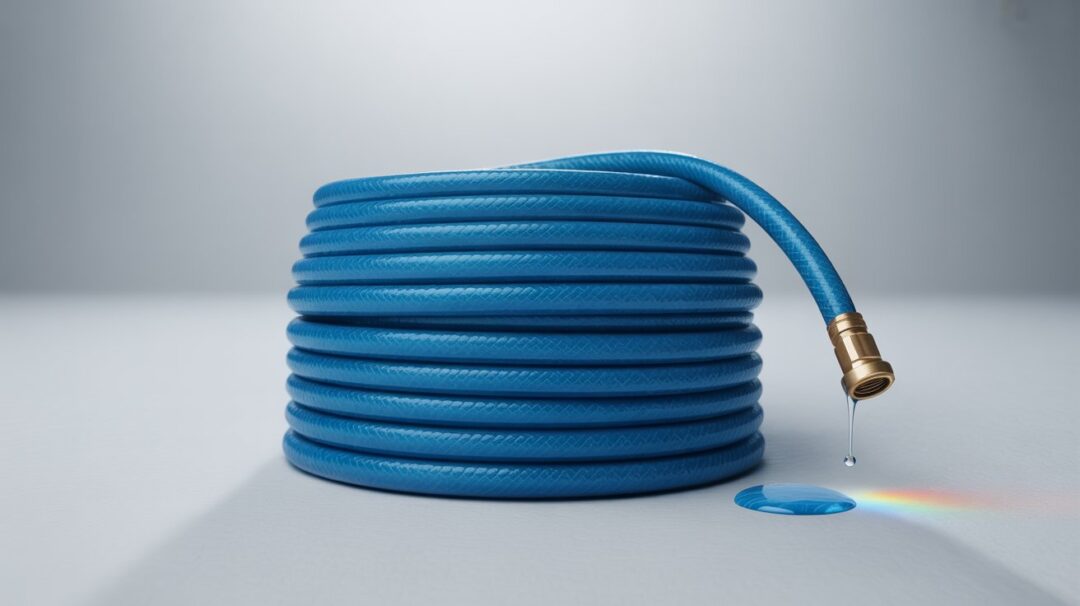 Fixing Your Leaking RV Water Hose Connection A photograph of a neatly coiled blue garden hose against a stark white seamless backdrop. The hose, a brilliant cerulean hue, displays tightly wound coils, revealing a subtle ribbed texture along its length and showcasing polished brass fittings at each end. A single dewdrop clings to one coil, refracting light and creating a tiny rainbow. Soft, even lighting minimizes shadows, emphasizing the hose's clean form and providing a minimalist, studio aesthetic with a sense of quiet precision.