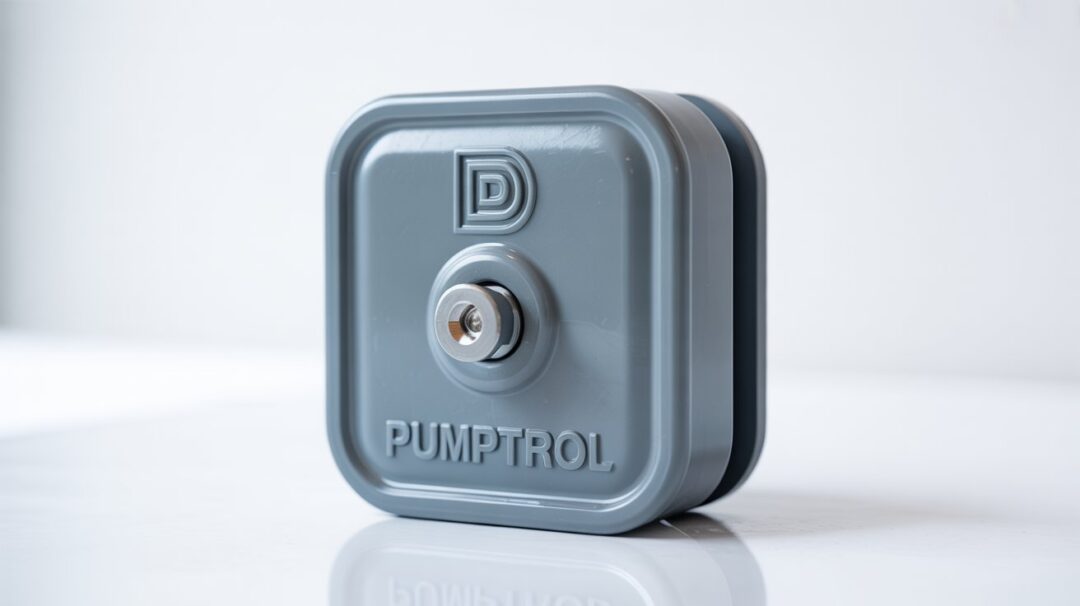 Understanding the Consequences of a Malfunctioning Well Pressure Switch A photograph of a square, industrial-style grey plastic water pump pressure switch housing against a pure white background. The housing, with its rounded edges, showcases a raised embossed "D" logo near the top center and a brushed steel screw at the front, while "PUMPTROL" is also embossed in the plastic below the logo. The housing is slightly angled to reveal the right side edge, showcasing subtle gradients and material texture, with soft, diffused shadows creating a clean and professional catalog appearance. A faint reflection highlights the smooth surface of the plastic, emphasizing its clean, functional design.