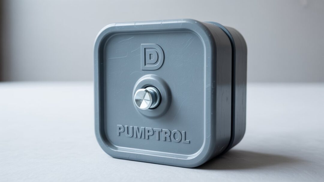 Understanding the Consequences of a Malfunctioning Well Pressure Switch A photograph of a square, industrial-style grey plastic water pump pressure switch housing against a seamless white background. The housing features subtly rounded edges and a prominent embossed "D" logo near the top center, complemented by a brushed silver screw securing the front. Below the logo, the text "PUMPTROL" is clearly embossed, and the housing is rotated slightly to showcase its right-side edge and the subtle texture of the plastic. Soft, diffused lighting creates gentle shadows, emphasizing the housing's form and ensuring a clean, catalog-ready appearance.