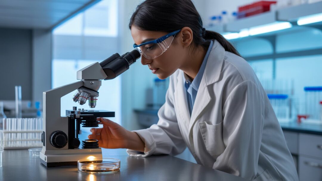A photograph of a young female lab technician intently peering into a microscope. She is wearing a white lab coat and safety glasses, her expression focused and curious as she examines the sample. The microscope sits on a stainless steel lab bench, illuminated by a soft overhead light, with a petri dish containing the water sample visible within the microscope's lens. A blurred background reveals a clean, modern laboratory environment with shelves lined with test tubes and scientific equipment.