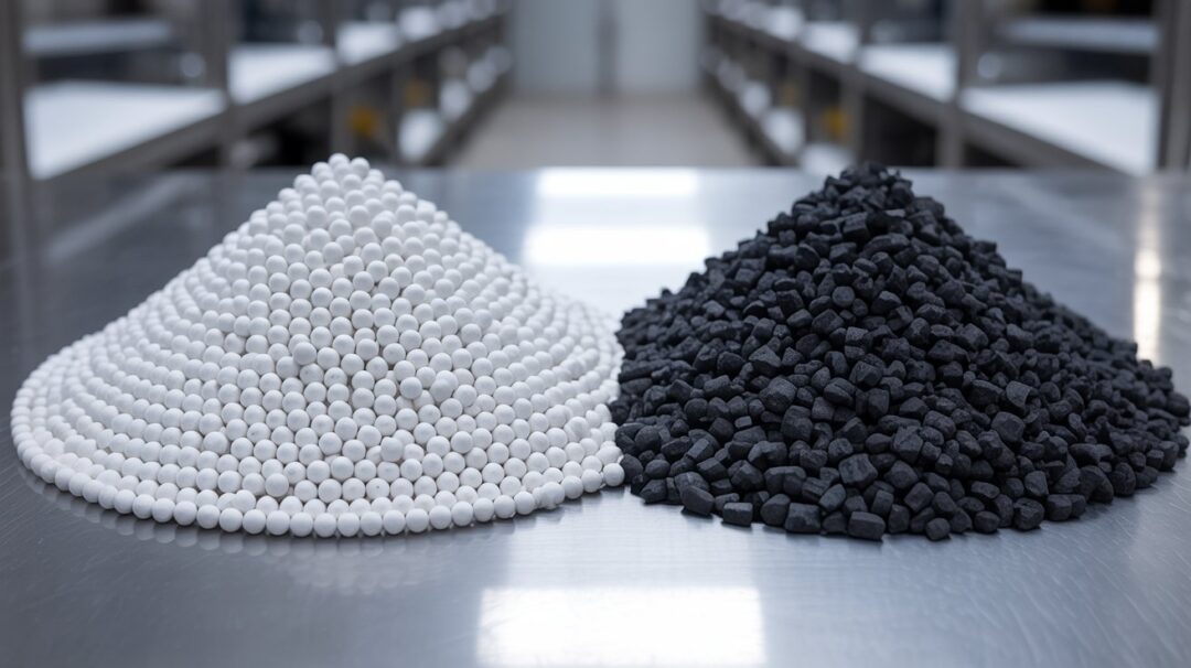 High-quality detailed 3D illustration of activated alumina and activated carbon particles side-by-side, showcasing their distinct physical characteristics and sorbent properties for air purification and gas treatment applications. Crisp focus, warm lighting from multiple angles, accurate material textures, and a clean minimalist background to emphasize the technical subject matter. Convey the scientific and industrial nature of the comparison through precise rendering of the porous structures, surface areas, and adsorption capabilities of the two adsorbent materials. A photograph showcasing a side-by-side comparison of activated alumina and activated carbon. The activated alumina appears as small, spherical, white beads neatly arranged on one side, while the activated carbon presents as irregularly shaped, black granules on the other. Both materials are placed on a clean, stainless steel surface under bright, even lighting that accentuates their textural differences. The background is a blurred industrial setting with metallic shelving, subtly hinting at their use in filtration systems.