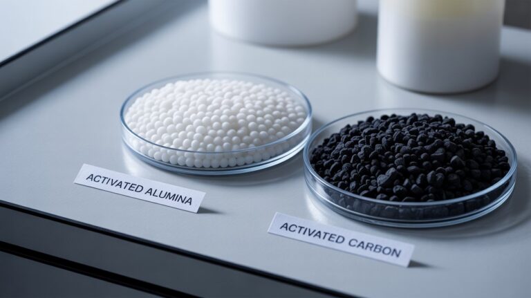 A photograph showcasing two distinct samples of activated alumina and activated carbon side by side on a sterile white laboratory bench. The activated alumina appears as small, white spherical beads neatly arranged in a shallow petri dish, contrasting with the black, irregularly shaped granules of activated carbon in a matching dish next to it. A small, clear label positioned between the samples reads “"Activated Alumina”” and “"Activated Carbon"” respectively. Soft, diffused lighting illuminates the scene, emphasizing the texture and color differences of the two materials.